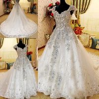 Wholesale Shining Crystal Beaded Wedding Dresses Romantic A Line Tulle Lace Applique Long Bridal Gowns Wedding Dress Custom Made