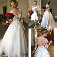 Wholesale Detachable Long Sleeve Wedding Dresses New V Neck Keen Length Lace Applique Sweep Strain Bridal Gowns Wedding Dress Custom Made
