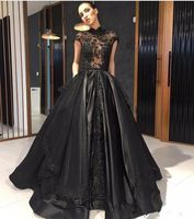 Wholesale Black Prom Dress High Neck Cap Sleeve Handmade Appliques Lace Satin Floor Length A Line Party Gowns Custom Size