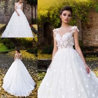 Wholesale Stunning White Ball Gown Wedding Dresses Sheer Neck Button Back Court Train with Handmade Butterfly Bridal Gowns Vestido De Novia
