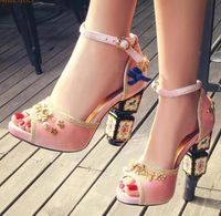 Wholesale 2018 Elegant Chunky Heel Sandals Luxurious Red Pink Black Velvet Bowtie Shoes Gold Sewing Metal Embellished Pearls Pumps