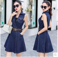 Wholesale New korean fashion women s turn down collar sleeveless with belt sashes denim jeans a line dress plus size SMLXLXXL3XL4XL