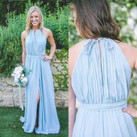 Wholesale 2019 New Country Light Sky Blue Bridesmaid Dresses A Line Jewel Neck Chiffon Flow Split Long Maid of Honor Gowns BM0178