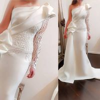 Wholesale 2018 Arabic mermaid Evening Dresses with One Shoulder Sash Long Sleeve Embroidery Beadeds Ruching Crepe Asymmetric Trumpet Prom Gowns