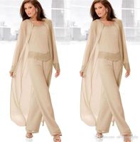 Wholesale Champagne Three Piece Mother of the Bride Pant Suits with Long Jackets Long Sleeves Beaded Chiffon Mother Plus Size Wedding Guest Dress