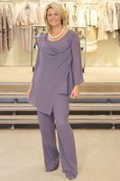 Wholesale Plus Size Lavender Mother Of The Bride Pant Suits Long Sleeve Chiffon Beads Wedding Guest Groom Dress Two Pieces Mothers Outfit Long Garment