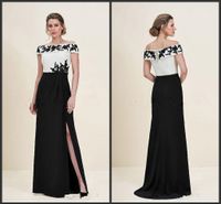 Wholesale 2018 New Black and White Delicate Satin Off the shoulder Neckline Sheath Column Mother Of The Bride Groom Dresses With Beaded Lace Appliques