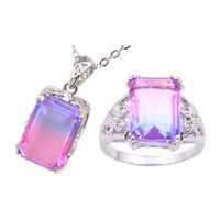 Wholesale Luckyshine Sets Mystic Light purple Tri COLORED Tourmaline Crystal Zircon Silver Women Holiday Gift Pendant Necklace Rings