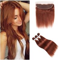 Wholesale Brown Peruvian Virgin Hair Bundles With Lace Frontal Closure Color Medium Brown Straight Human Hair Weaves With Lace Frontal
