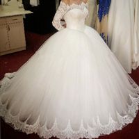 Wholesale Long Sleeve Fluffy Tulle Wedding Dresses New Fashion Lace Beading Wedding Gown Custom Made Plus Size Ball Gown Bridal Dress