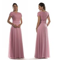Wholesale Dusty Pink Long Modest Bridesmaid Dresses With Short Sleeves Jewel Lace Bodice Chiffon Formal Evening Maids Of Honor Dresses Custom Made