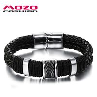 Wholesale MOZO FASHION Men Charm Bracelet Black Leather Bracelet Stainless Steel Magnetic Clasps Bracelets Male Vintage Jewelry MPH891