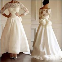 Wholesale Ivory Bateau Wedding Gowns Long Sleeves Lace Wedding Gowns Back Zipper High Low With Big Bow Custom Made Bridal Gowns Vintage