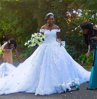 Wholesale Modest Off the shoulder Wedding Dress For Black Women African Designer A line Lace Applique Sequins With Short Sleeves Court Train Country