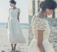 Wholesale Laure de Sagazan Short Beach Bohemia Bride Wedding Dresses Lace Chiffon Cap Sleeves Tea Length Bridal Gowns robe de mariee