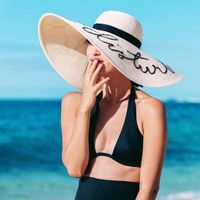 Wholesale Women Foldable Floppy Letters Sequin Embroidery Straw Sun Hat Summer Wild Large Brim With Ribbon Trim Beach Cap UV Protection