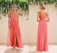 Wholesale 2018 Coral Beach Bridesmaids Dresses Chiffon Long A line Beaded Spaghetti Straps Crystals Split Prom Gowns Cheap Bridesmaid Dresses