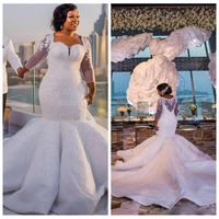 Wholesale 2021 South Africa Mermaid Wedding Dress Quarter Sheer Long Sleeves Bridal Gown Custom Made Plus Size Mermaid Lace Appliques Slim Custom