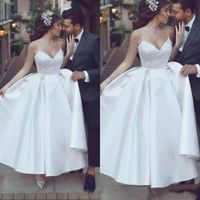 Wholesale Romantic Spaghetti Straps Satin Beach Wedding Dresses Garden Tea Length Plus Size Ball Custom Vestido de novia Formal Bridal Gown Arabic
