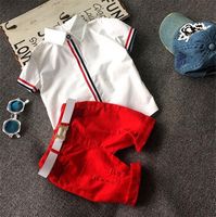 Wholesale 2 Color fashion INS boy stripe flower belt suits Summer children cartoon Short sleeve T shirt shorts belt suits baby clothes TO813
