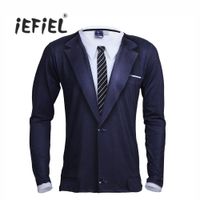 Wholesale iEFiEL Mens Long Sleeve Crew Neck D Printed Tie Tuxedo Stretchy T Shirt Tops for Men Party Costume Party Clothes Tops t shirt