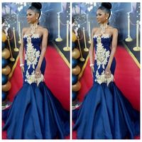 Wholesale Gorgeous Royal Blue Long Mermaid Evening Dresses Long Halter Lace Appliques African Prom Party Gowns Red Carpet Dress