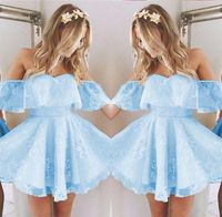 Wholesale Short Light Sky Blue Lace Homecoming Dress Off Shoulder Short Sleeve Mini Prom Dresses Girls Party Gowns vestido curto Custom Made
