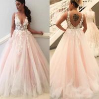 Wholesale Plunging V Neck Blush Pink Wedding Dresses Bridal Gowns A Line Open Back Appliques Long Summer Country Beach robes de mariée