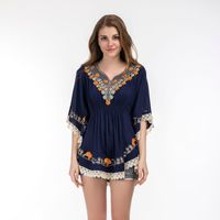 Wholesale Plus Size Cotton Blouse Tunic Spring Summer Fashion Casual Embroidery Blouses Women Shirts Batwing Sleeve Crochet Lace Peplum Tops