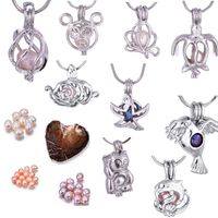 Wholesale 1 Set Fashion Silver Pearl Cage Pendant Creative Animal Shape Dolphin Starfish Bear Turtle Jewelry Gifts For Women Necklace Oyster P004
