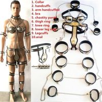 Wholesale 10pcs Sets Stainless Steel Male Chastity Belt Device Anal Plug Collar Bra Arm Wrist Cuffs Thigh Knee Shank Ankle Ring Bondage Bdsm Sex Toy