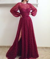 Wholesale 2018 Luxury Evening Dresses Dubai Beaded Lace with Puffy Long Sleeves Side Split Bling Rhinestones Pearls Bow Belt Plus Size Prom Gowns