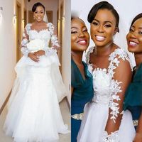 Wholesale 2018 Mermaid Wedding Dresses African Sweetheart Lace Appliques Beads Sheer Long Sleeves Peplum Sweep Train Dubai Vestidos Bridal Gowns