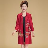 Wholesale Chinese traditional silk satin coat Tang Suit tops Manual button embroidery mandarin collar long blouse Chinese Qipao Shirt for women