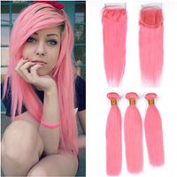 Wholesale Brazilian Pink Color Virgin Human Hair Wefts Extensions with Lace Top Closure Piece x4 Straight Peach Pink Human Hair Weaves Bundles