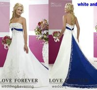 Wholesale Plus Size strapless lace up corset Wedding Dresses Silver Embroidery On Satin White and Royal Blue Floor Length Bridal Gowns Custom Made