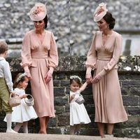 Wholesale Hot Sales Chiffon mother of the bride dress long Sleeves Tea Length Vintage country V neck Dusty pink formal evening gowns guest wear