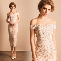 Wholesale Sexy Cocktail Dresses Off the Shoulder Ivory Lace with Nude Lining Lace Party Dress Tea Length Zipper Back Cheap