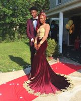 Wholesale Burgundy and Gold Prom Dresses Transparent Long Sleeve Appliques Lace Mermaid Girls Pageant Dress Evening Gowns Custom Made