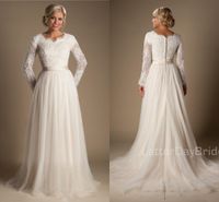 Wholesale A line Beaded Lace Tulle Modest Wedding Dresses With Long Sleeves Scalloped Neck Buttons Up Back Full Sleeves Long country Bridal Gowns