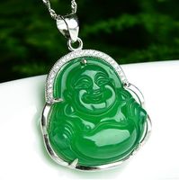 Wholesale 925 high grade silver inlaid natural pendant green chalcedony laughing Buddha fashion female jewelry necklace jade pendant