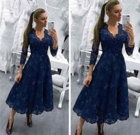 Wholesale 2018 Mother Of The Bride Dresses V Neck Navy Blue Tea Length Long Sleeves Lace Appliques Beaded Wedding Guest Dress Evening Gowns