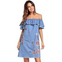 Wholesale Women Dresses club Fashion party Clothing girl s embroidery loose strapless sexy skirt lotus leaf sleeve cowboy dress