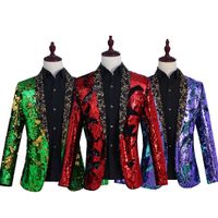 Wholesale High end Men s Flipping Sequins Suit Jackets Colors Fashion Blazer Nightclub Bar DJ Singer Stage Clothes Prom Host Tide Outerwear Costumes
