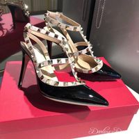 Wholesale Women Sandals Pumps high heels gladiator designer luxury Sexy Patent Leather Pointed Toes Dress Ankle Strap T tied Summer Rivets Cut Outs