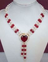 Wholesale Charming Rows Genuine White Pearl Red Ruby Heart Pendant Jewelry Necklace