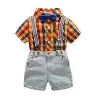 Wholesale New Summer Baby boys Clothes Suit Kids Short Sleeve Bow Tie Plaid Shirt Suspender Jeans Shorts Boy Children Outfits Set W128