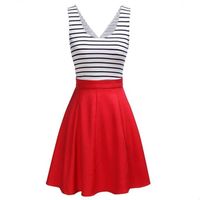 Wholesale Stripe Printing dress Summer Europe Russia Trend Women lady red blue Scoop Neck Pleated sleeveless waist patchwork Pleated Ball Gown