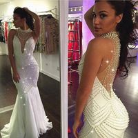 Wholesale 2019 O Neck Peals Evening Dresses Long Mermaid White Luxury Evening Gown Sexy Formal Dress