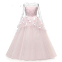Wholesale Pretty Flower Girl Pageant Dresses Butterfly Train Kids Graduation Gowns Tulle Lace Long Sleeves Holy Communion Dresses